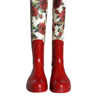 Dolce & Gabbana Red Floral Rubber Knee High Flat Boots Shoes