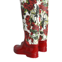 Dolce & Gabbana Red Floral Rubber Knee High Flat Boots Shoes