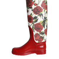 Dolce & Gabbana Red Floral Rubber Knee High Flat Boots Shoes