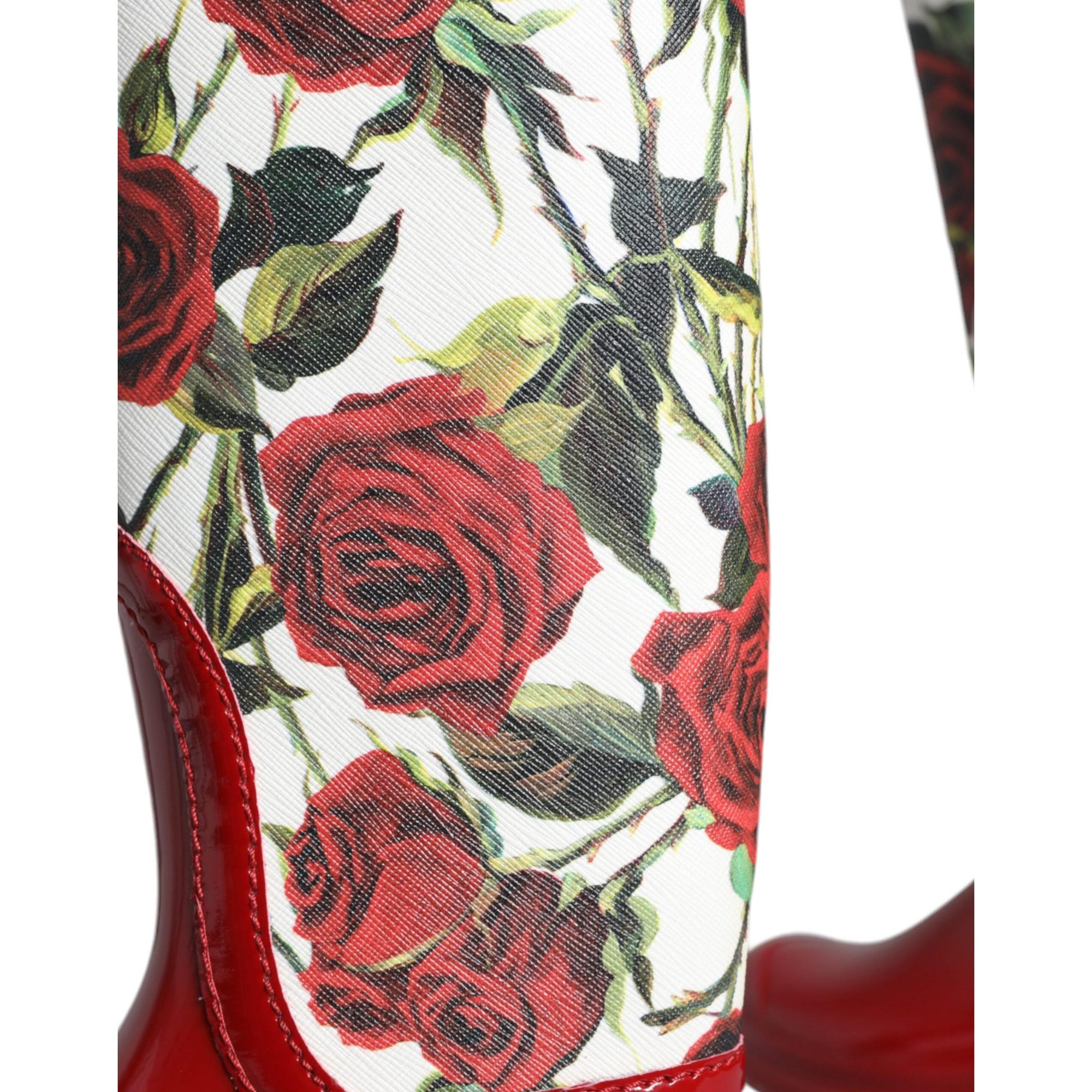 Dolce &amp; Gabbana Red Floral Rubber Knee High Flat Boots Shoes