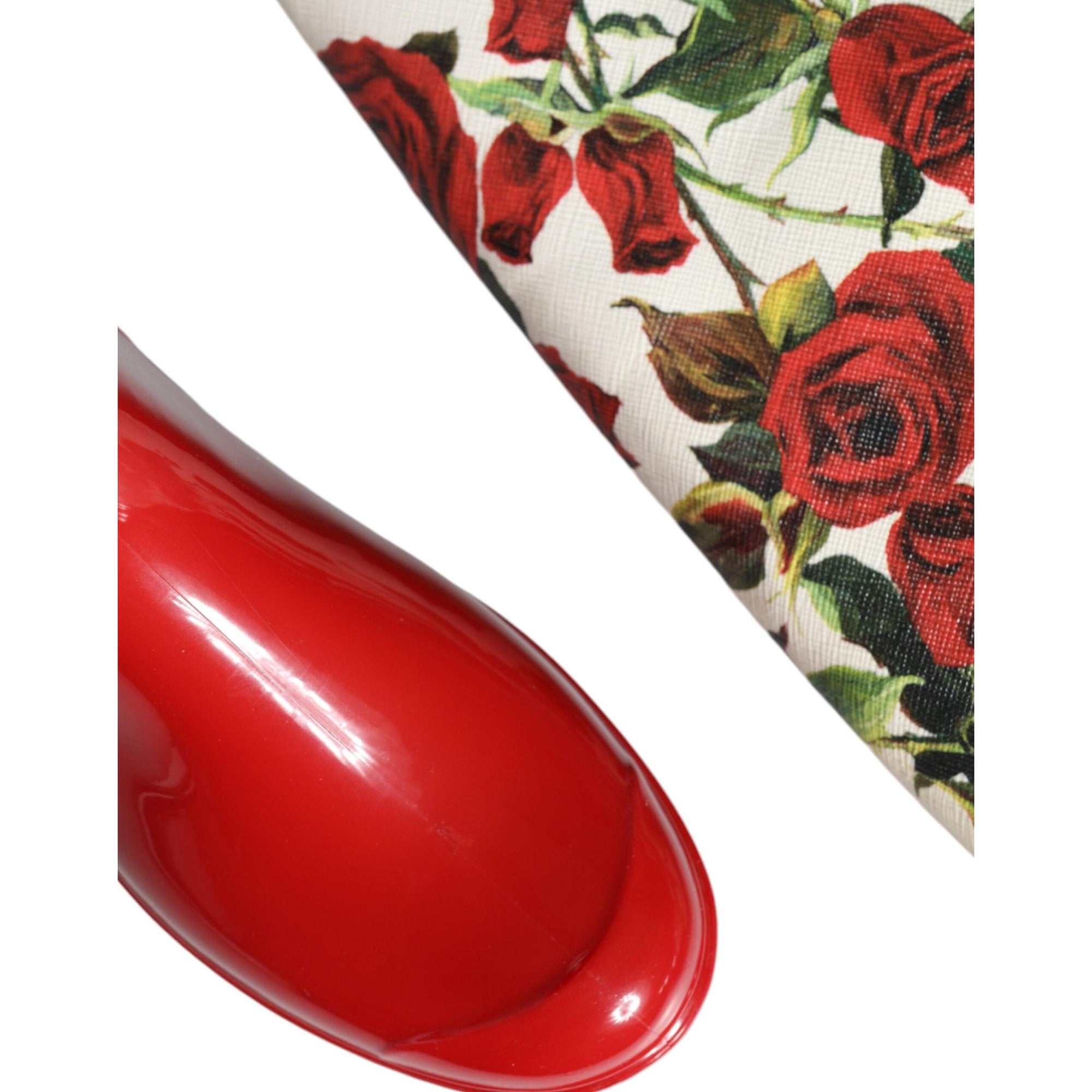 Dolce &amp; Gabbana Red Floral Rubber Knee High Flat Boots Shoes