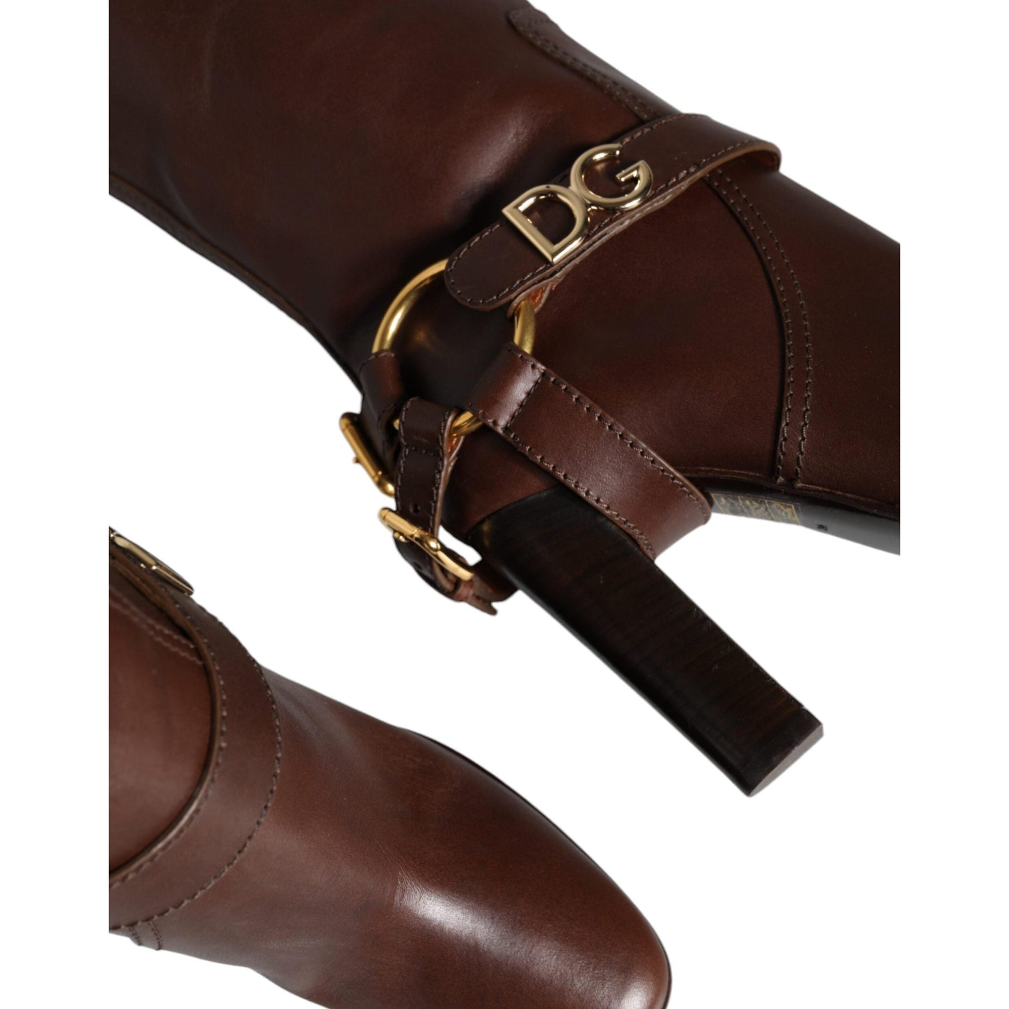 Dolce &amp; Gabbana Brown Leather Gold Tone Logo High Boots Shoes