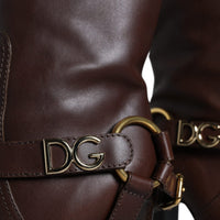 Dolce & Gabbana Brown Leather Gold Tone Logo High Boots Shoes