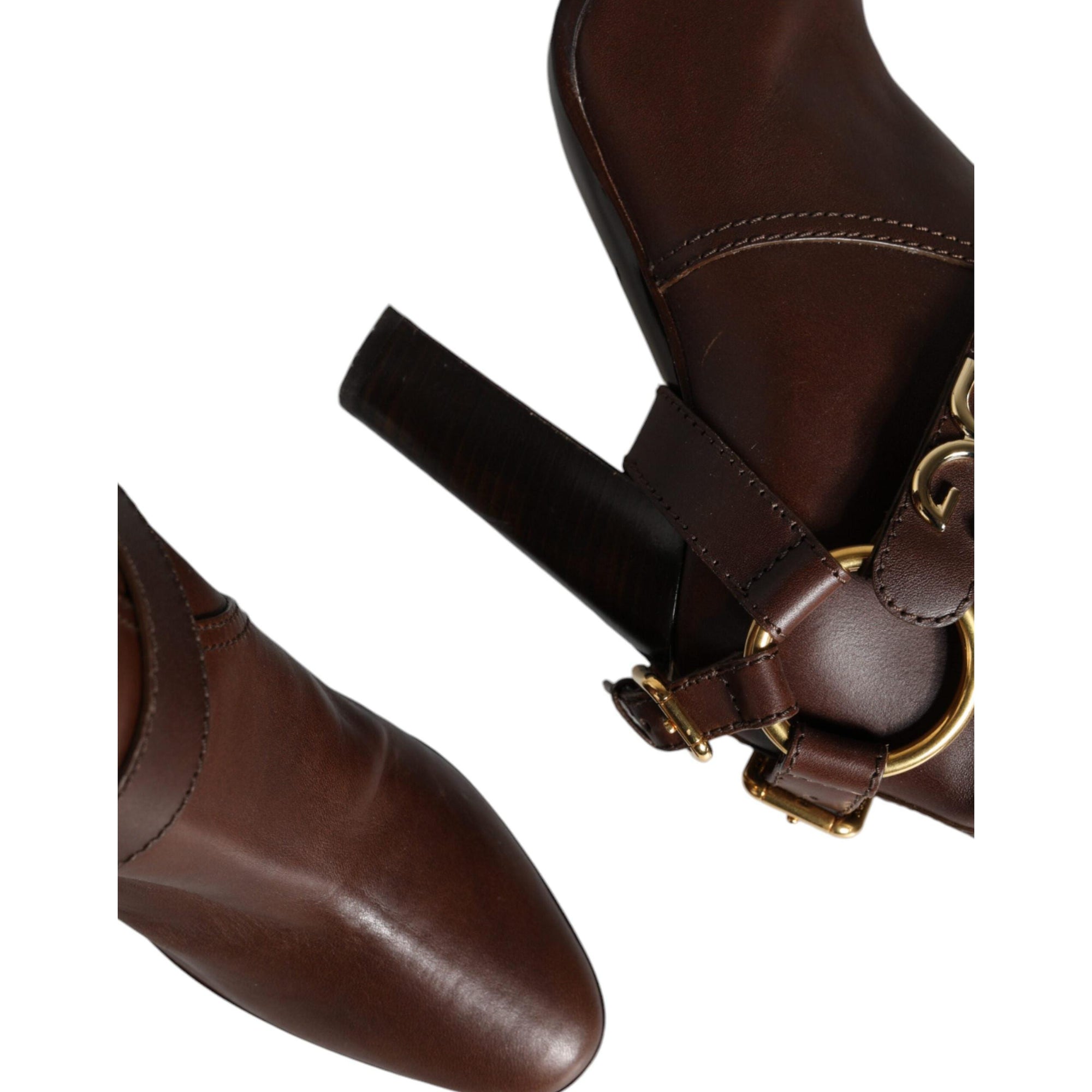 Dolce &amp; Gabbana Brown Leather Gold Tone Logo High Boots Shoes