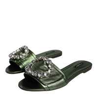 Dolce & Gabbana Metallic Green Crystal Leather Flats Sandals Shoes