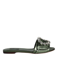 Dolce & Gabbana Metallic Green Crystal Leather Flats Sandals Shoes