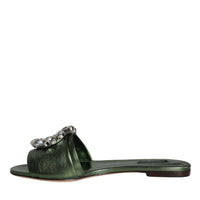 Dolce & Gabbana Metallic Green Crystal Leather Flats Sandals Shoes