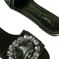 Dolce & Gabbana Metallic Green Crystal Leather Flats Sandals Shoes