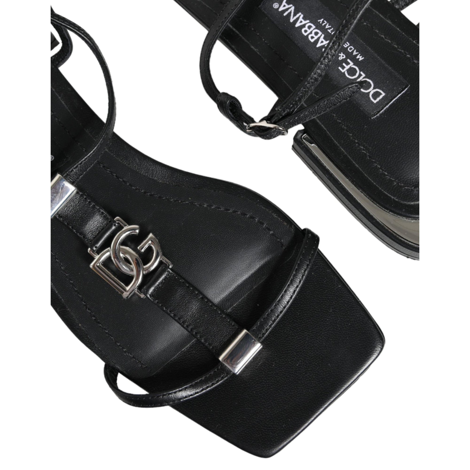 Dolce &amp; Gabbana Black Leather Logo Ankle Strap Keira Sandals Shoes