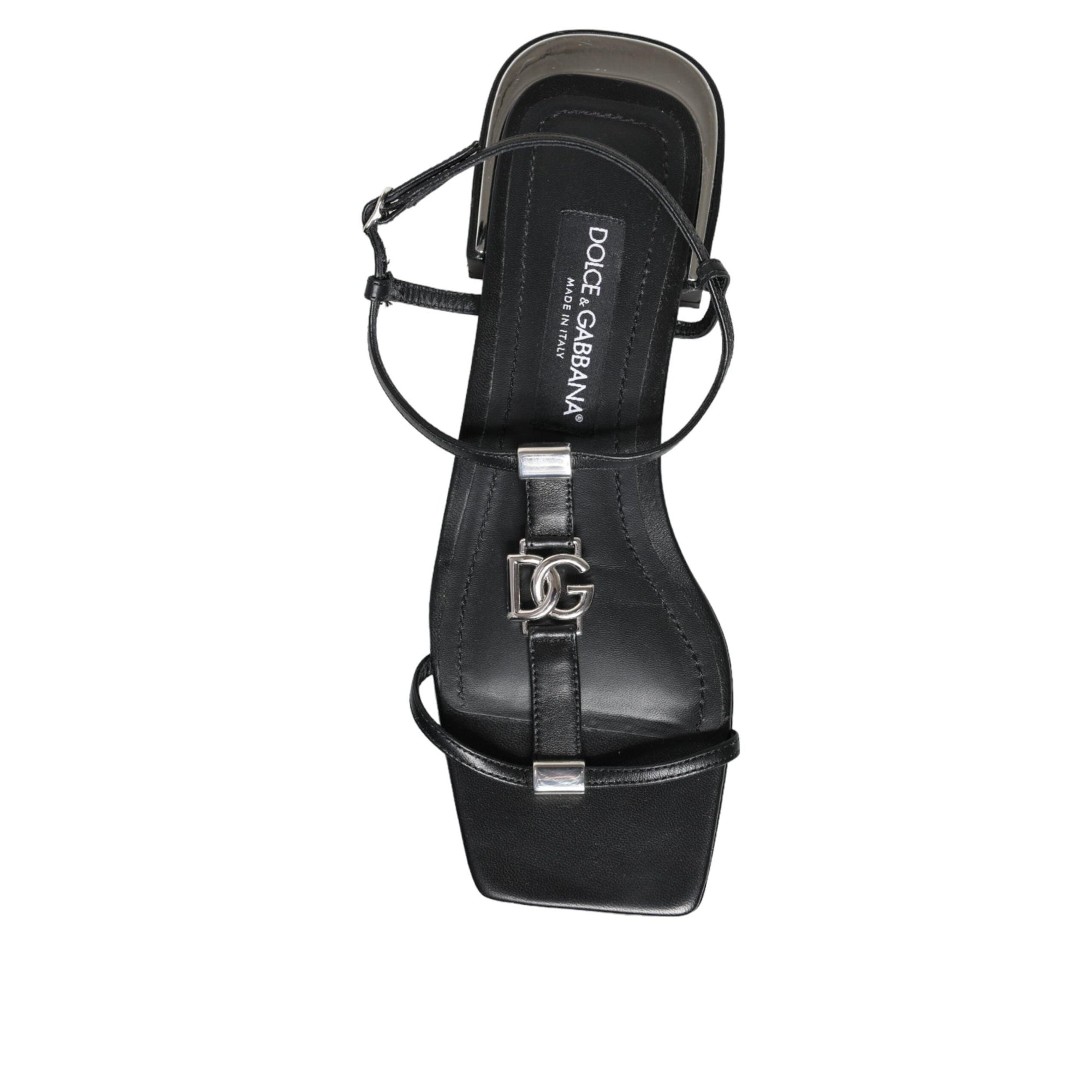Dolce &amp; Gabbana Black Leather Logo Ankle Strap Keira Sandals Shoes
