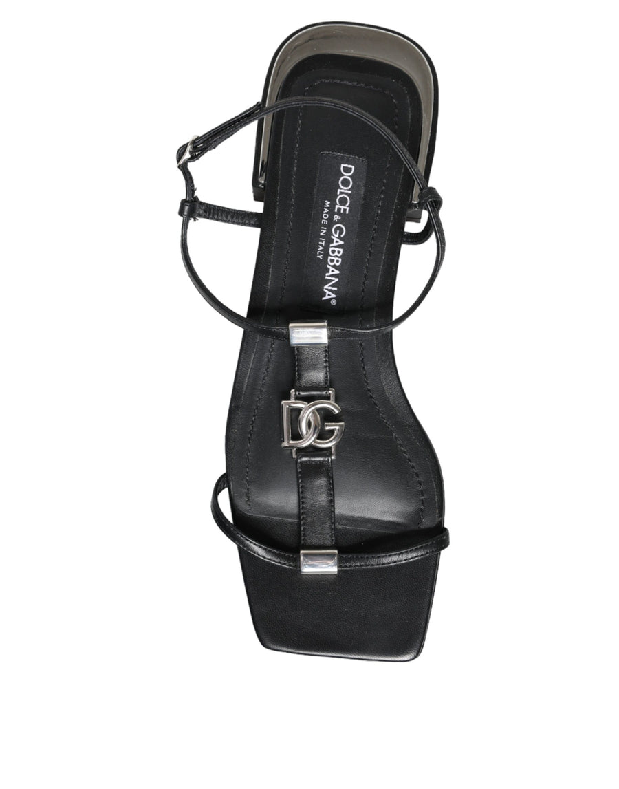 Dolce & Gabbana Black Leather Logo Ankle Strap Keira Sandals Shoes