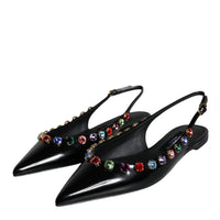 Dolce & Gabbana Black Leather Crystal Flats Slingback Shoes