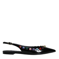 Dolce & Gabbana Black Leather Crystal Flats Slingback Shoes