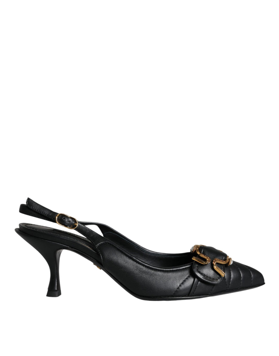 Dolce & Gabbana Black Devotion Leather Heels Slingback Shoes