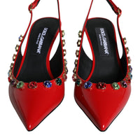 Dolce & Gabbana Red Leather Crystal Heels Slingback Shoes