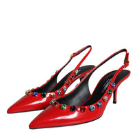 Dolce & Gabbana Red Leather Crystal Heels Slingback Shoes