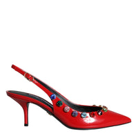 Dolce & Gabbana Red Leather Crystal Heels Slingback Shoes