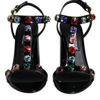 Dolce & Gabbana Black Crystal Leather T-strap Sandals Shoes