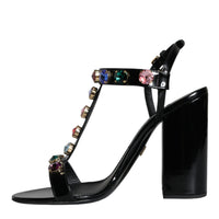 Dolce & Gabbana Black Crystal Leather T-strap Sandals Shoes