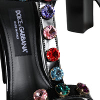 Dolce & Gabbana Black Crystal Leather T-strap Sandals Shoes