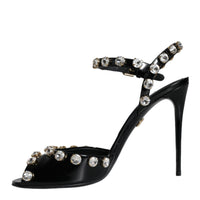 Dolce & Gabbana Black Leather Crystal Ankle Strap Sandals Shoes