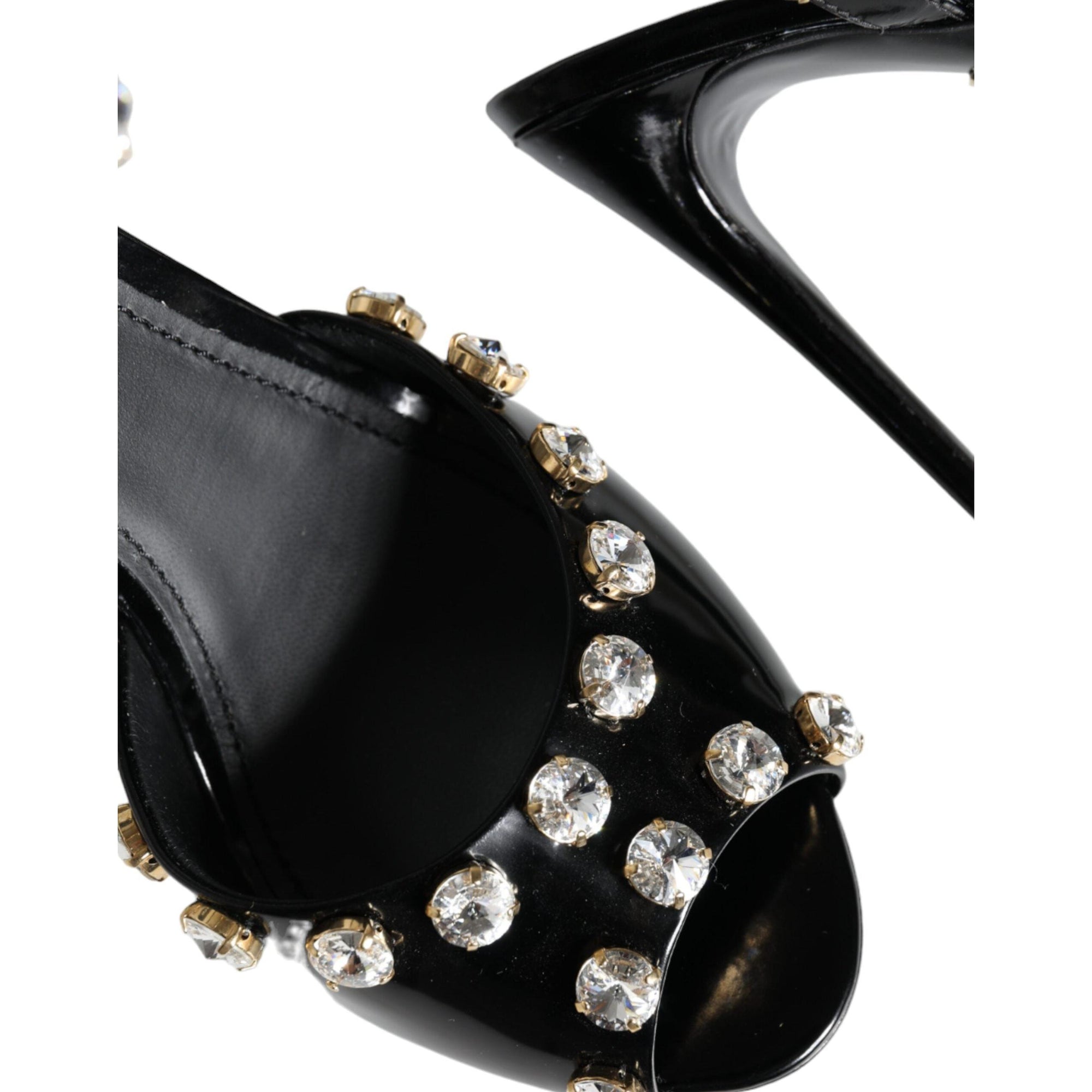 Dolce &amp; Gabbana Black Leather Crystal Ankle Strap Sandals Shoes
