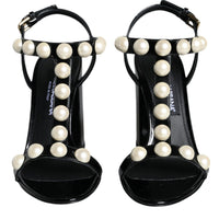 Dolce & Gabbana Black Leather Pearls T-strap Sandals Shoes