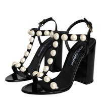 Dolce & Gabbana Black Leather Pearls T-strap Sandals Shoes