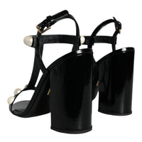 Dolce & Gabbana Black Leather Pearls T-strap Sandals Shoes