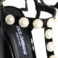 Dolce & Gabbana Black Leather Pearls T-strap Sandals Shoes