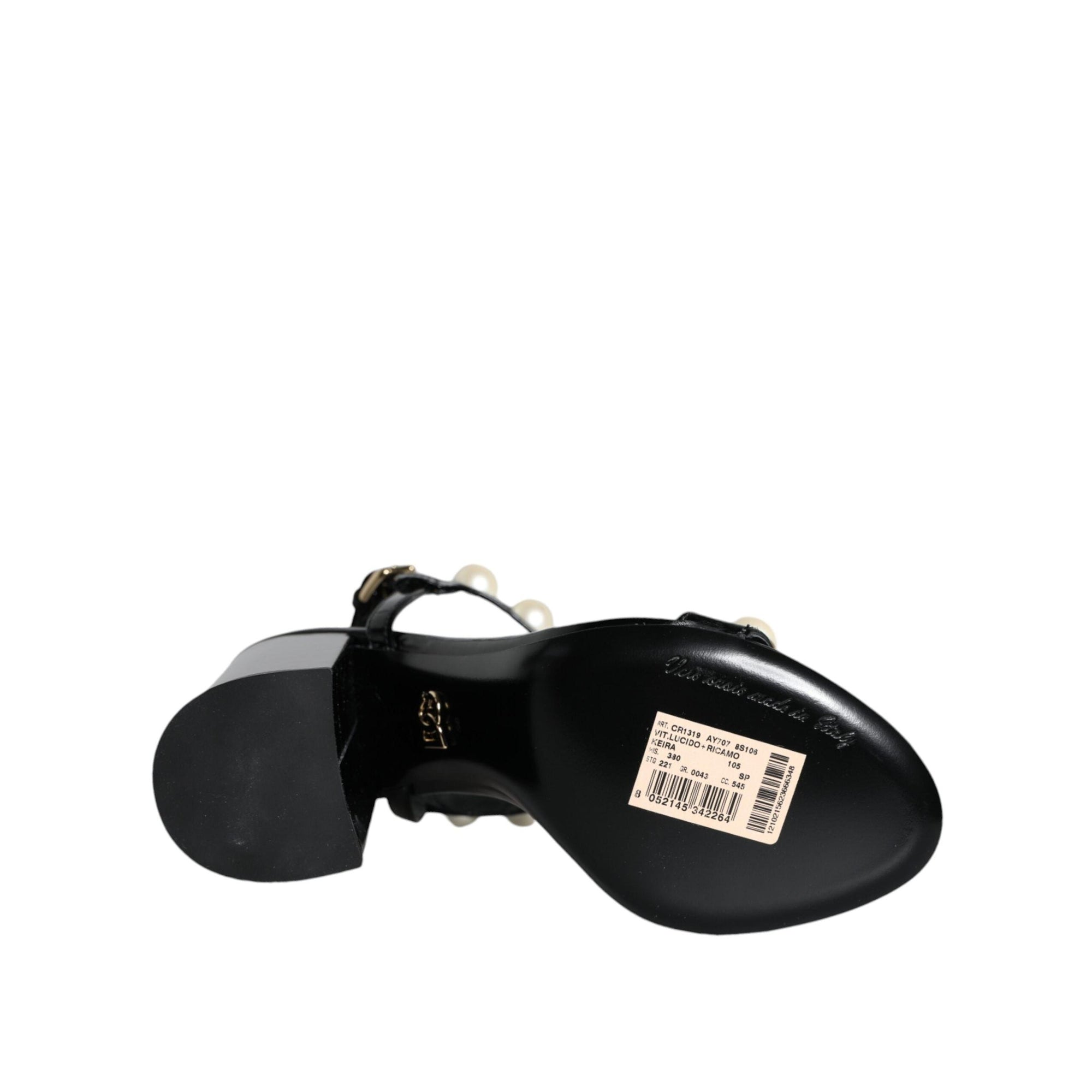 Dolce &amp; Gabbana Black Leather Pearls T-strap Sandals Shoes