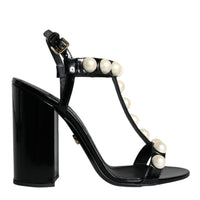 Dolce & Gabbana Black Leather Pearls T-strap Sandals Shoes