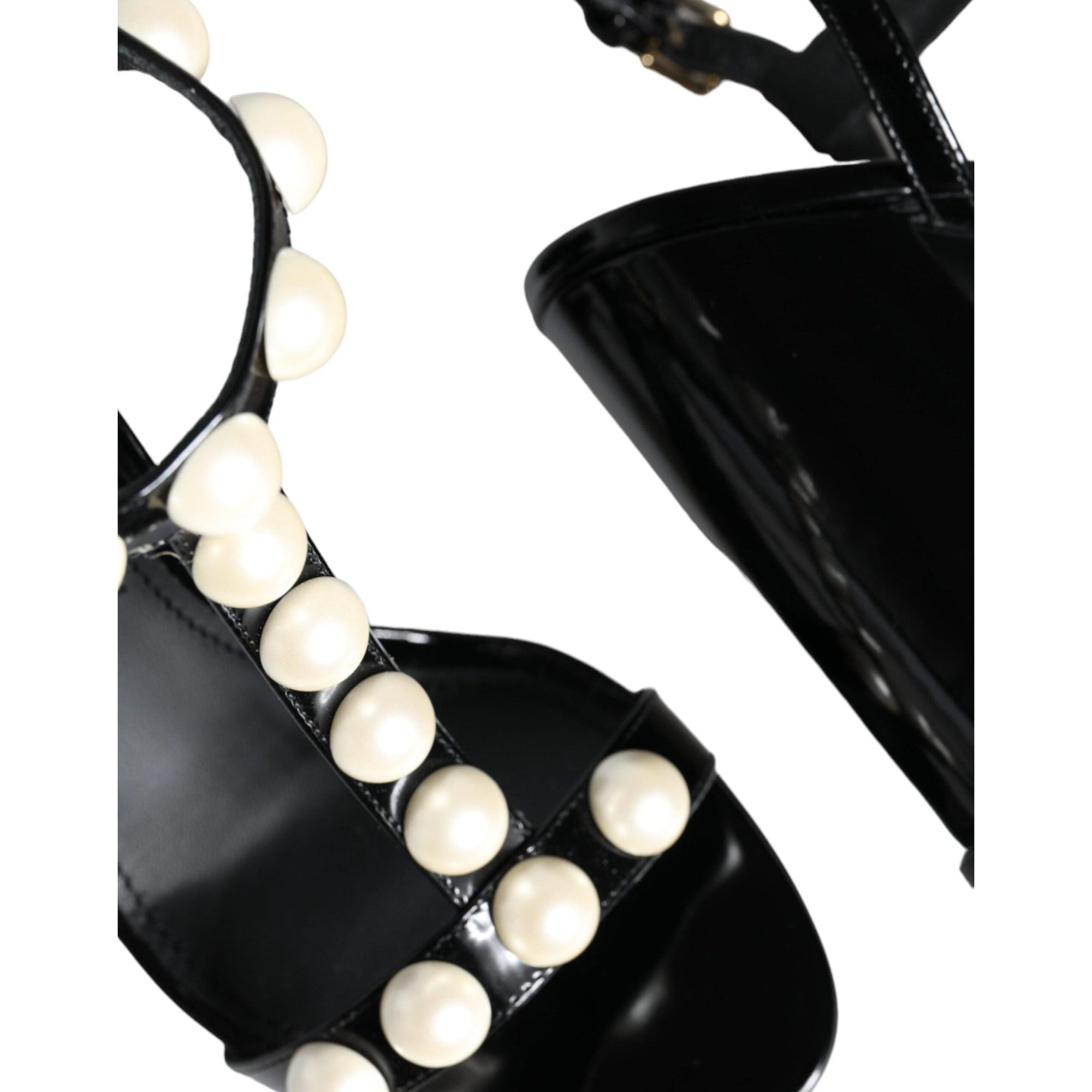 Dolce &amp; Gabbana Black Leather Pearls T-strap Sandals Shoes