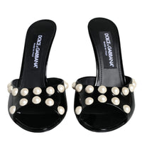 Dolce & Gabbana Black Leather Pearls Slides Sandals Shoes