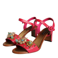 Dolce & Gabbana Fuchsia Leather Embellished Keira Sandals Shoes