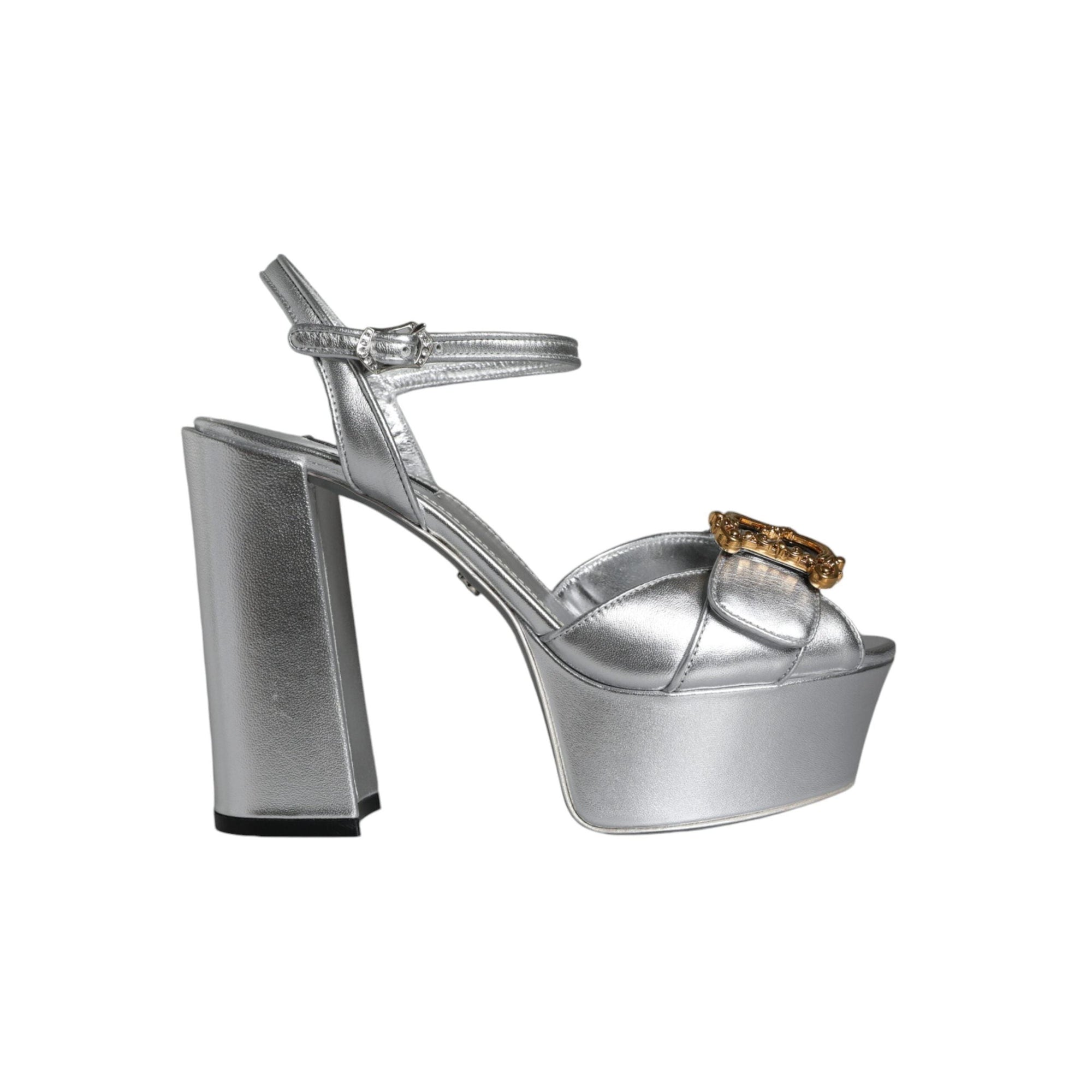 Dolce &amp; Gabbana Silver Leather Platform Logo Keira Sandals Shoes