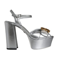 Dolce & Gabbana Silver Leather Platform Logo Keira Sandals Shoes