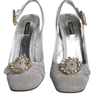 Dolce & Gabbana Silver Crystal Slingback Heels Sandals Shoes