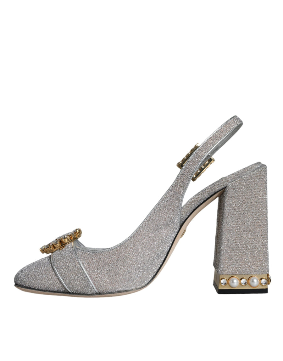 Dolce & Gabbana Silver Crystal Slingback Heels Sandals Shoes