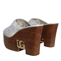 Dolce & Gabbana White Leather Wood Mules Wedge Slides Shoes