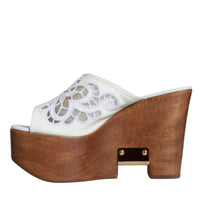 Dolce & Gabbana White Leather Wood Mules Wedge Slides Shoes