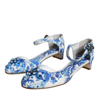 Dolce & Gabbana White Blue Majolica Print Ankle Strap Sandals Shoes