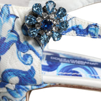 Dolce & Gabbana White Blue Majolica Print Ankle Strap Sandals Shoes