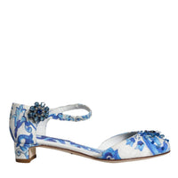 Dolce & Gabbana White Blue Majolica Print Ankle Strap Sandals Shoes