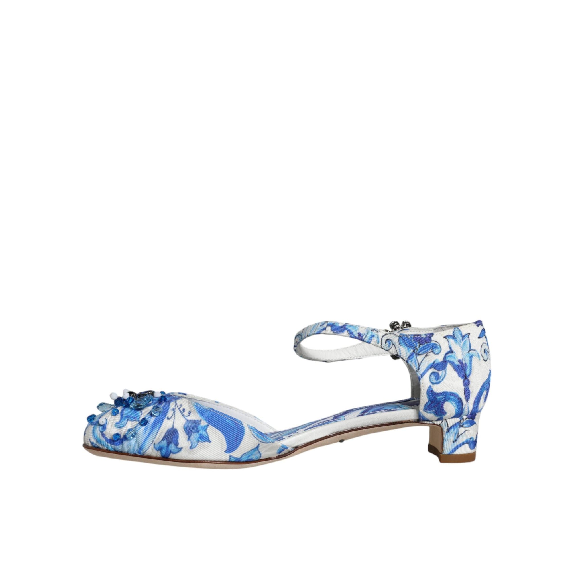 Dolce &amp; Gabbana White Blue Majolica Print Ankle Strap Sandals Shoes