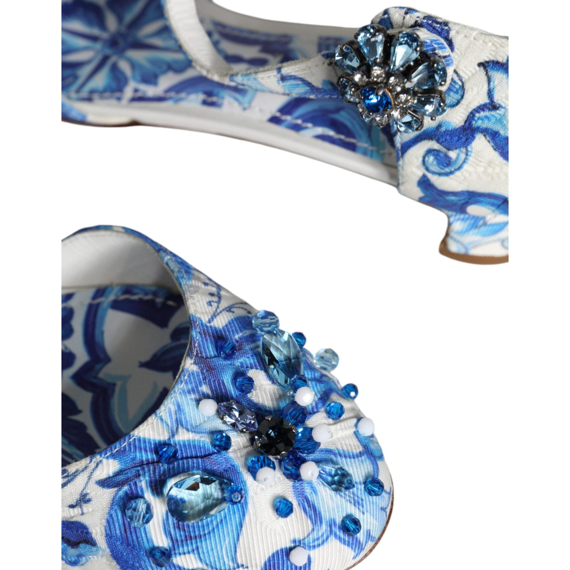 Dolce &amp; Gabbana White Blue Majolica Print Ankle Strap Sandals Shoes