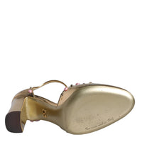 Dolce & Gabbana Gold Embellished Leather T-strap Heels Shoes