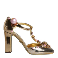 Dolce & Gabbana Gold Embellished Leather T-strap Heels Shoes