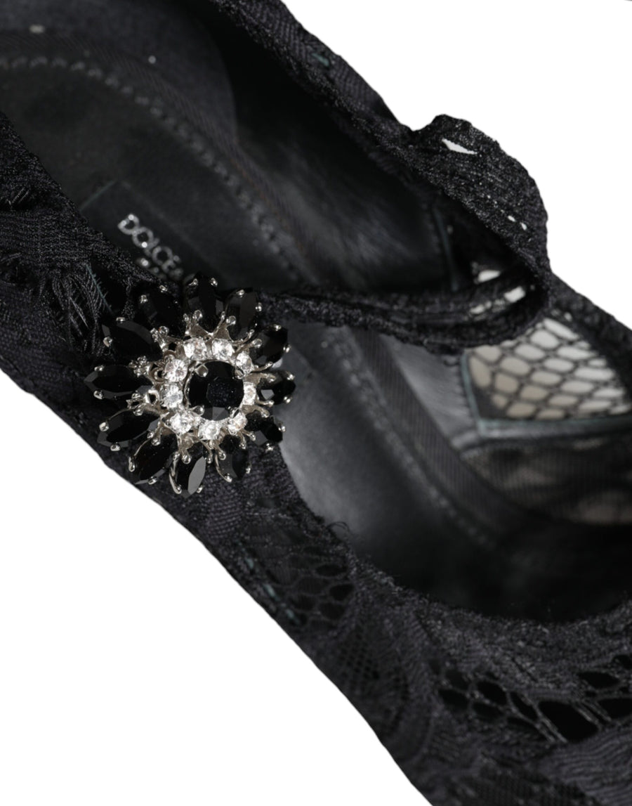 Dolce & Gabbana Black Mary Jane Pumps Lace Crystals Heels Shoes