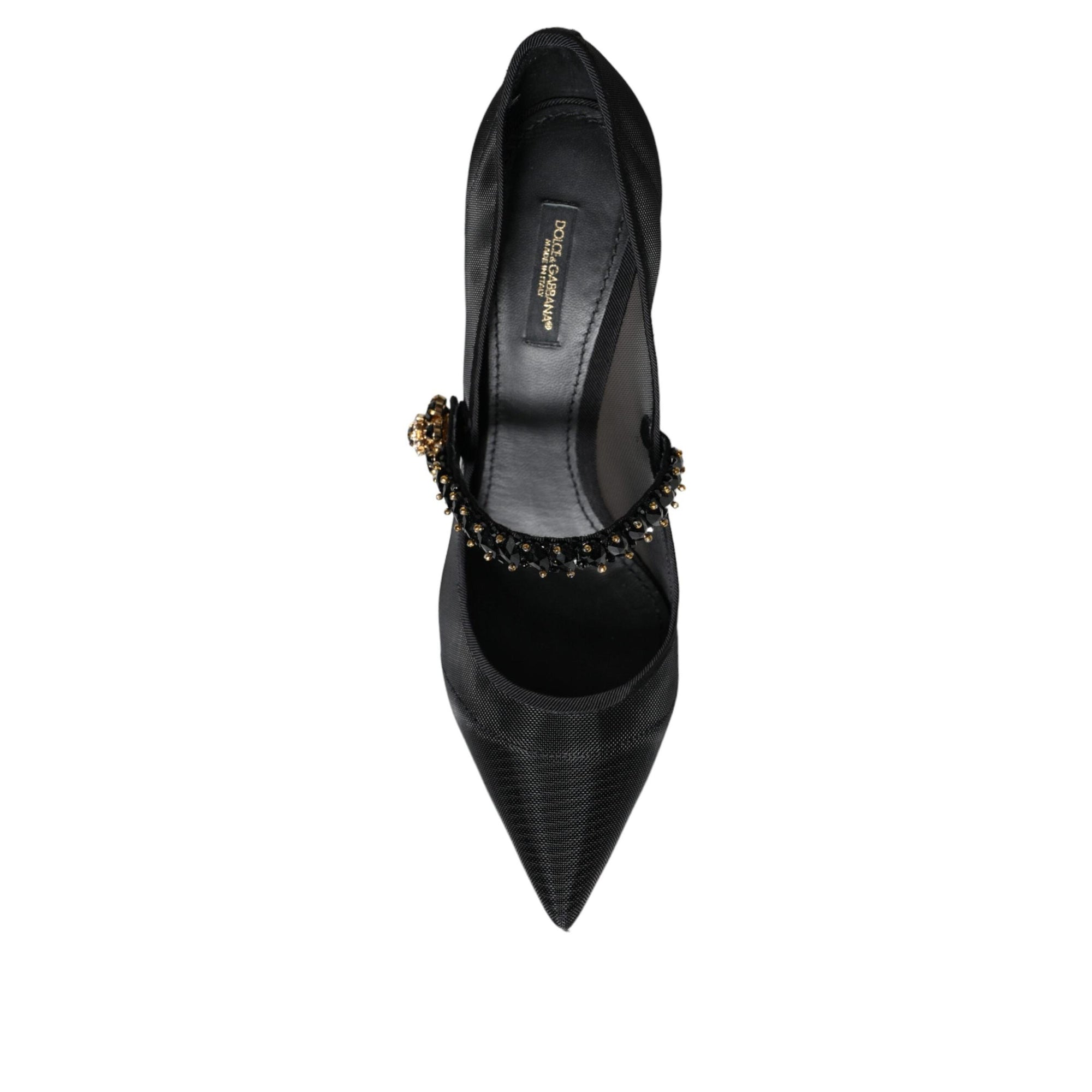 Dolce &amp; Gabbana Black Mesh Mary Jane Crystal Heel Pumps Shoes